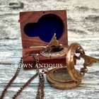 Vintage Brass Engraved Working Pocket Compass With Chain W  Wooden Case Gift