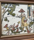Vintage Framed Crewel Embroidery Girl Feeding Birds Mid Century Textile Wall Art