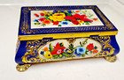 Vtg Colorful Tin Trinket Box Replica Gold Footed Floral Embossed Hinge Lid 5  x7  