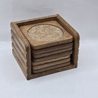 Vtg Teak Wood Cork Goodwood  Mcm Set Of 7 X 3 5  Wooden Drink Coasters W Caddy