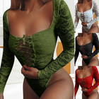 Women Long Sleeve Lace Up Tie Romper Bodysuit Leotard Jumpsuit Lace Shirt Tops