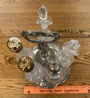 Vintage Etched Glass Cruet Castor Set Silver Plate Condiment Caddy Shaker