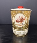 Vintage Floral Tin Container With Lid White Gold With Pink Flowers 7  Tall