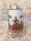Vintage J  Gerz German Beer Stein Glass Pewter Lid    wein Trinker    Vineyard Scene