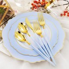 Wdf 150-piece Light Blue Gold Rim Plastic Plates - With Blue Handles