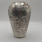 Silver Plated Vase With Hammered Floral Design Vintage Made In India 7 