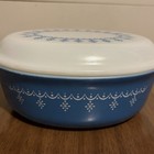 Pyrex Blue Snowflake Garland Casserole With Cover 043 1 5 Qt  Usa 1970 s Vintage