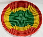 Vtg Hand Woven African Coiled Basket Tight Weave  12 x13 x2  Red Green Yellow