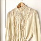 Vtg Victorian Handmade Blouse Lace Bust Peplum Hem Bell Sleeves Cream Sheer S m