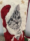 Needlepoint Christmas Stocking Cat Wearing Santa Hat Poinsettia Red Velvet Back