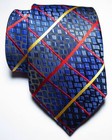 Classic Checks Jacquard Woven Silk Mens Tie Blue Gold Red Formal Neckwear