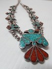 Vintage Navajo Indian  sterling Turquoise Coral Squash   Thunder Bird Necklace