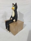 Vintage Hand Carved Wooden Dangle Leg Cat Shelf Sitter Folk Art Black White