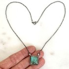 Navajo Turquoise Square Bar Necklace 17  Signed Largo Sterling Patina Choker Usa