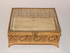 Vintage Ornate Ormolu Jewelry Box Casket W Beveled Glass Filigree Open Work