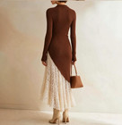 Women Lace Contrasting Knit Long Sleeve Midi Dress