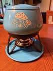  Vintage Blue Metal Fondue Set 1 Qt W Lid Stand Base   Burner Mushroom Design