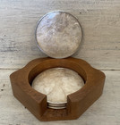 Vtg Mother Of Pearl Capiz Shell Coaster Set Of  4 W  Wooden Shell Shaped Holder