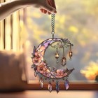 Floral Crescent Moon Acrylic Suncatcher  Stained Glass Inspired Window Hanging