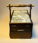 Vintage Wooden Accordion Sewing Box With Tapestry Cushion