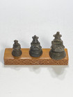 Burmese Bronze Opium Bird Weights  Lot Of 3 Set On Carved Wood Base