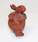 Vintage Hand Carved Wood Netsuke Rabbit Carrying Tortoise turtle  Boxwood Figure