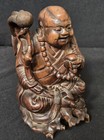 Vintage Chinese Boxwood Carving Laughing Buddha Statue Wooden Prayer Figurine 