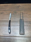 Vintage Extra Straight Razor Black Handle   Hanging Leather Strop Hone Shaving   