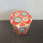 Vtg Octagonal Tin Container Hinged Lid Red Metal Box Flowers Made In England