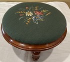 Vintage Hand Stitched Green Floral Foot Stool Heavy Wood Frame