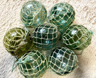 Authentic Vintage Japanese Glass Fishing Floats With Nets  Set Of 7  Approx  3 3