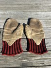 Vintage 1940s Leather   Wool Winter Gloves Mittens Red black Stripes Work Wear