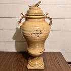 Ceramic Lidded Urn Large 23    Ochre Glaze Leaf Handles Tuscan Fortunata Style