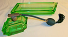 Art Deco Style Green Glass Dresser Vanity Set W  Perfume   Tray