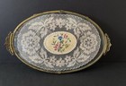 Antique Oval Brass Vanity Dresser Tray French Lace  Glass  13   x8  Perfume