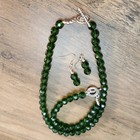 Green Glass Beaded Necklace Bracelet Earrings Set Silver Plated 