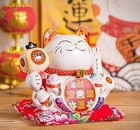Large Ceramic Maneki Neko Beckoning Lucky Money Cat Waving Arm Good Feng Shui