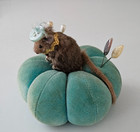 Vintage Rabbit Fur Mouse Teal Pumpkin Pin Cushion Homemade  Button Hat