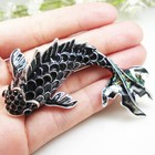 Art Nouveau Black Fish Animal Brooch Pin Rhinestone Crystal Woman Silver Tone