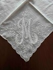 Vintage Linen Handkerchief Monogram M Embroidered Floral Bridal Wedding Heirloom