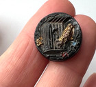Small Antique Victorian Painted Black Glass Button  bird W birdhouse  f10