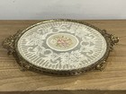 Vintage Petit Point Embroidery Round Brass Dressing table Tray 