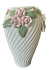 Vtg Porcelain Vase 3d White Dress Pink Roses And Green Leaves 5 5    Tall Euc
