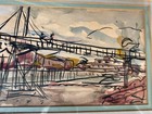 Vintage American Expressionism Watercolor Architecture Bridge Drawing Painting