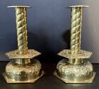 Pair Maitland Smith Vintage Heavy Decorated Dutch Brass  Style Candlesticks