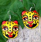 Leopard Or Jaguar Mask Earrings Handmade   Hand Painted Polymer Mexican Folk Art