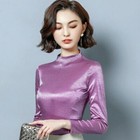 Women Glitter Tops Shirts Slim Satin Long Sleeve Plain Blouse Turtle Neck