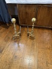 Vintage Brass Ball Andirons Iron Metal Wood Carriers Fire Dogs