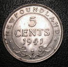 1941 C Bu Unc Newfoundland Canada  Five Cents Silver 5 C Coin