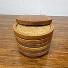 Vintage Wood Cork Coasters Set Of 6 W  Stacking Holder Caddy Mid Century Barware